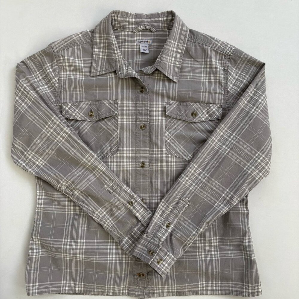 Carhartt Women’s Large 12-14 Gray Plaid Button Up Long Sleeve Roll Tab Shirt